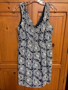 Shoshanna Navy and White Geometric V-Neck Midi Dress